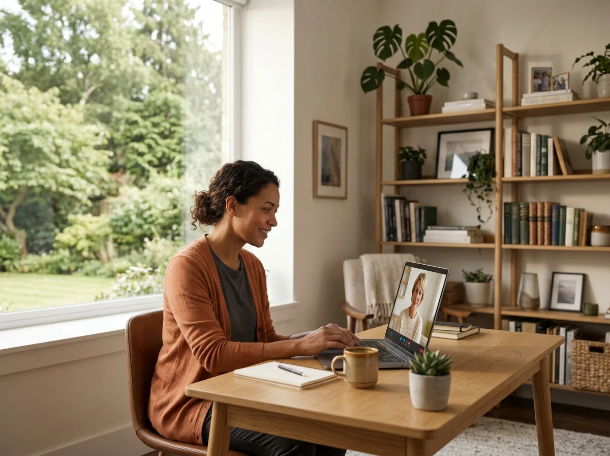 A woman with dark curly hair, wearing a brown cardigan, is sitting at a wooden desk in a cozy room, smiling during a video call on her laptop, with greenery outside the window.