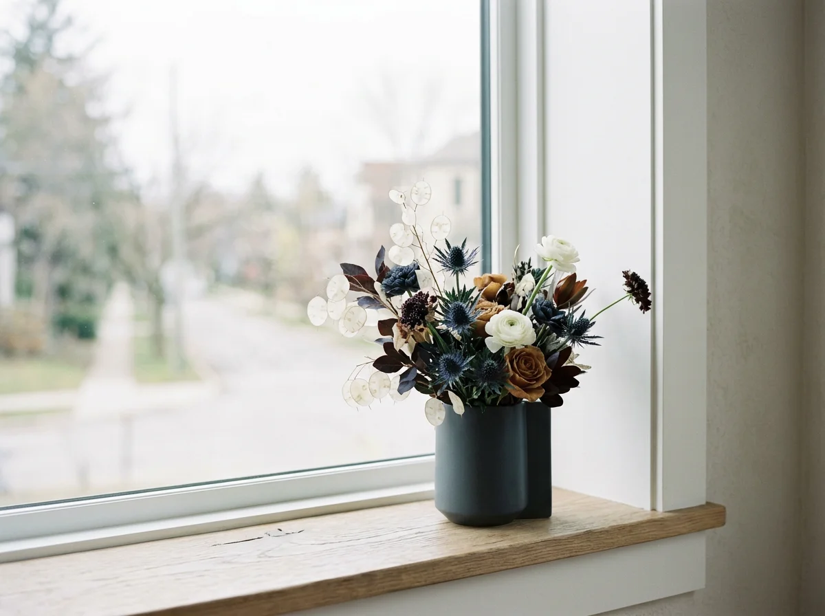 A black vase with a flower arrangement on a wooden windowsill, featuring white, brown, and dark blue flowers and greenery, with a blurred suburban street outside the window.