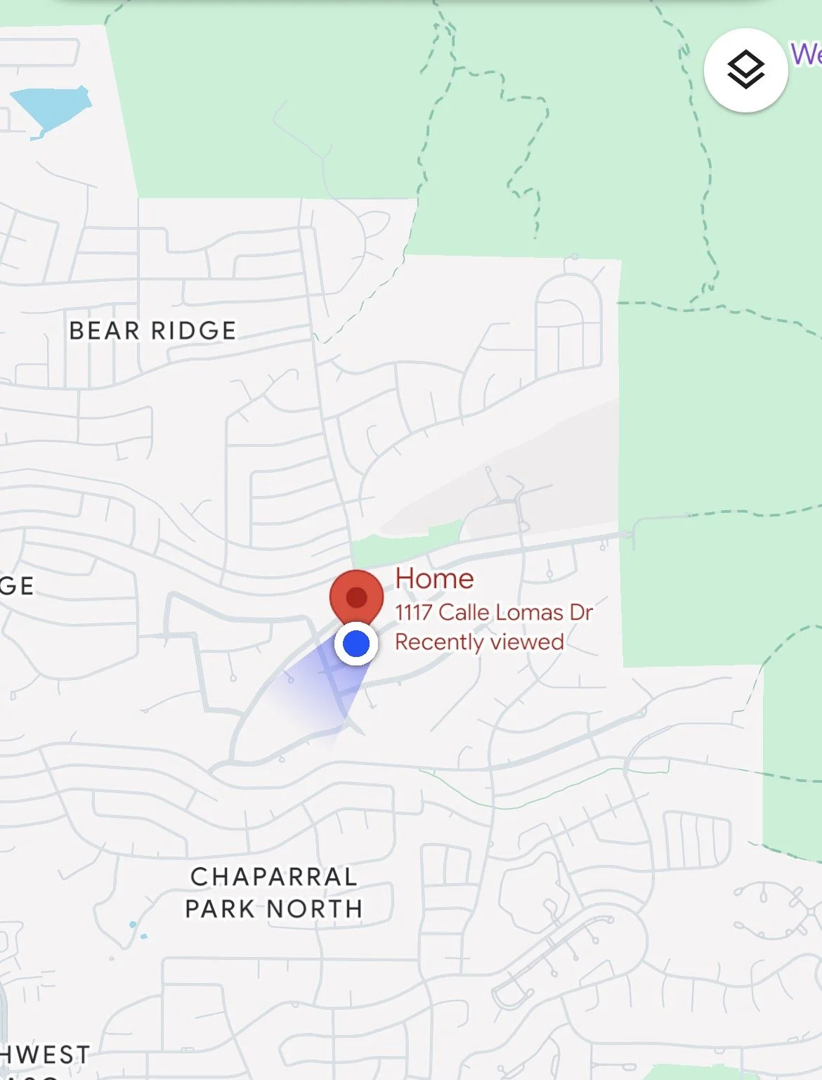 Map showing the location of a home at 1117 Calle Lomas Dr with markers indicating recent viewings, nearby neighborhoods, and green areas representing parks or natural spaces.