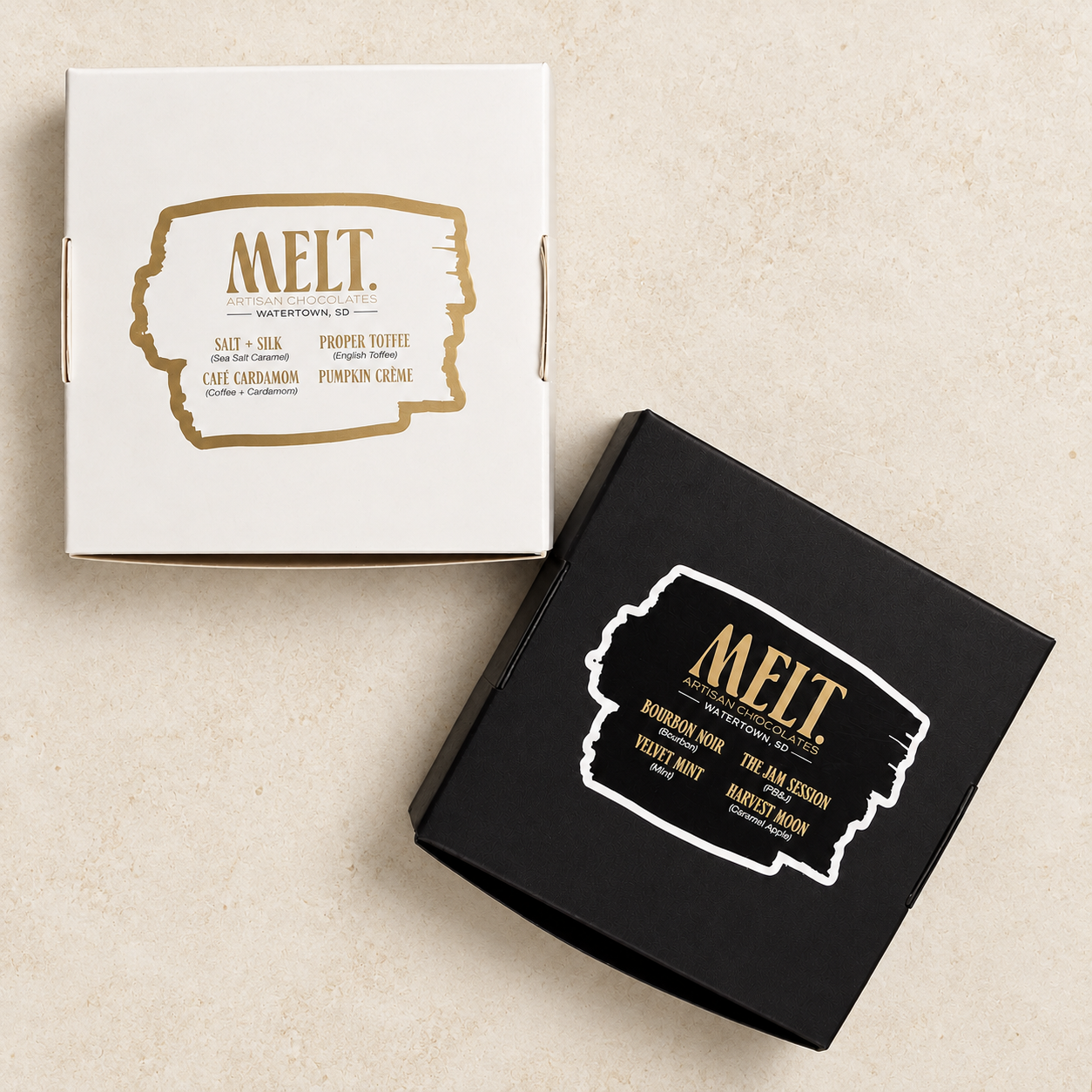 Two boxes of  custom Melt artisan chocolates from Watertown, SD