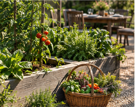 Vegetable garden with ripe tomatoes, herbs, and a wicker basket of produce, with a wooden outdoor table and chairs in the background.