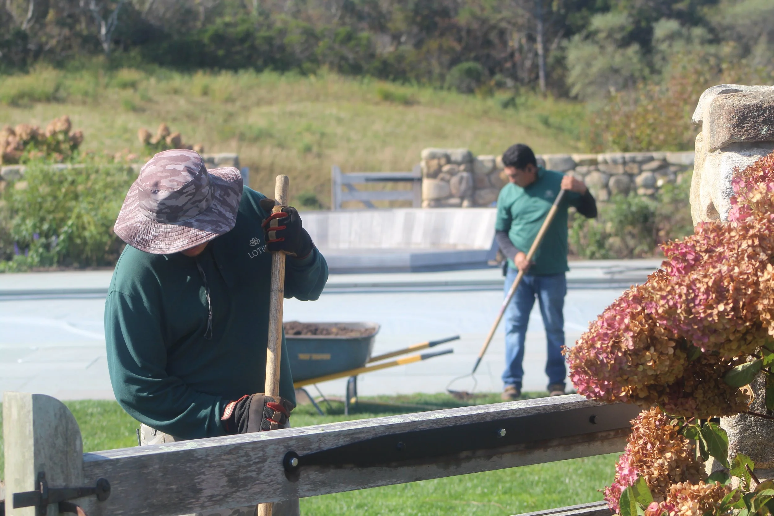 Two people working outdoors in a garden, with one wearing a pink camouflage hat and the other in a green shirt. Pink hydrangea flowers are visible in the foreground.