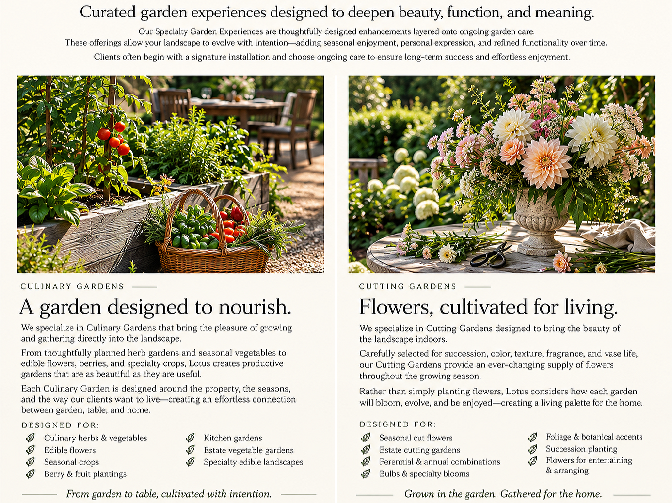 A brochure page with two images of garden scenes. The left image shows a vegetable garden with ripe tomatoes in a basket and leafy greens, with garden chairs in the background. The right image displays a table with a large, colorful floral arrangement in a decorative vase, surrounded by gardening tools and flowers. The brochure contains text about culinary and cutting gardens, their purposes, and recommended plantings.
