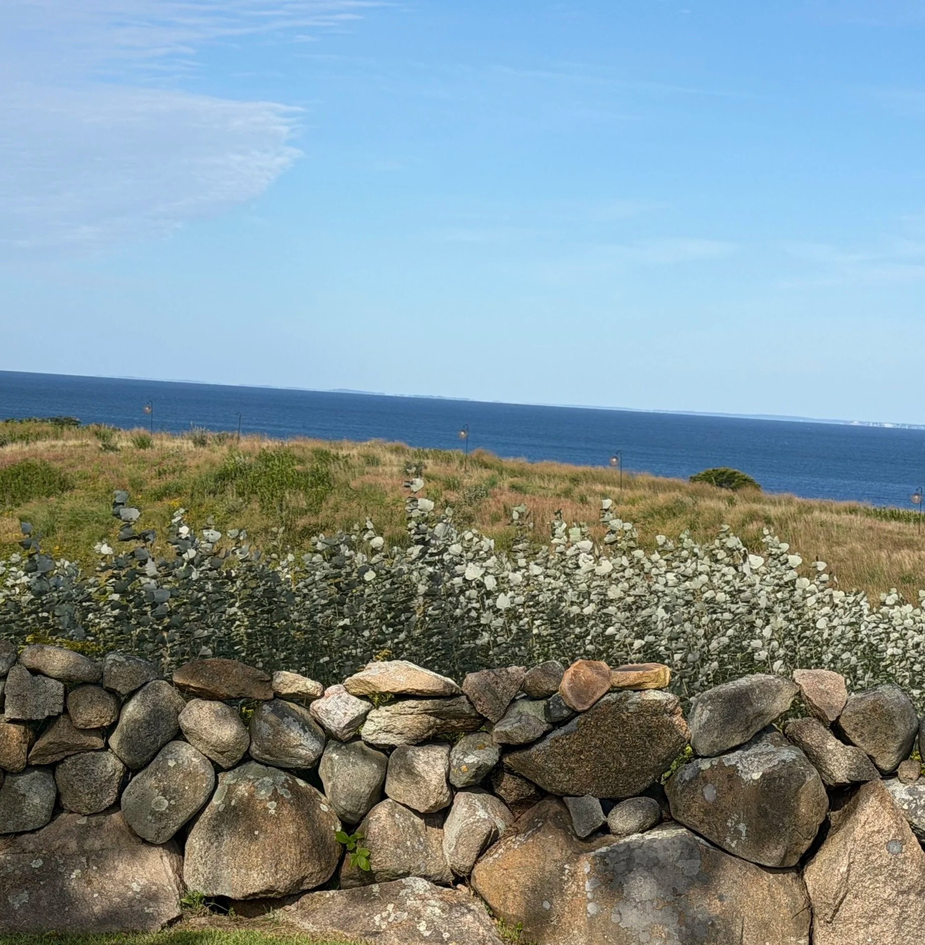 Stone wall in the foreground with a grassy area behind it, followed by shrubs, a body of water, and a blue sky with scattered clouds.