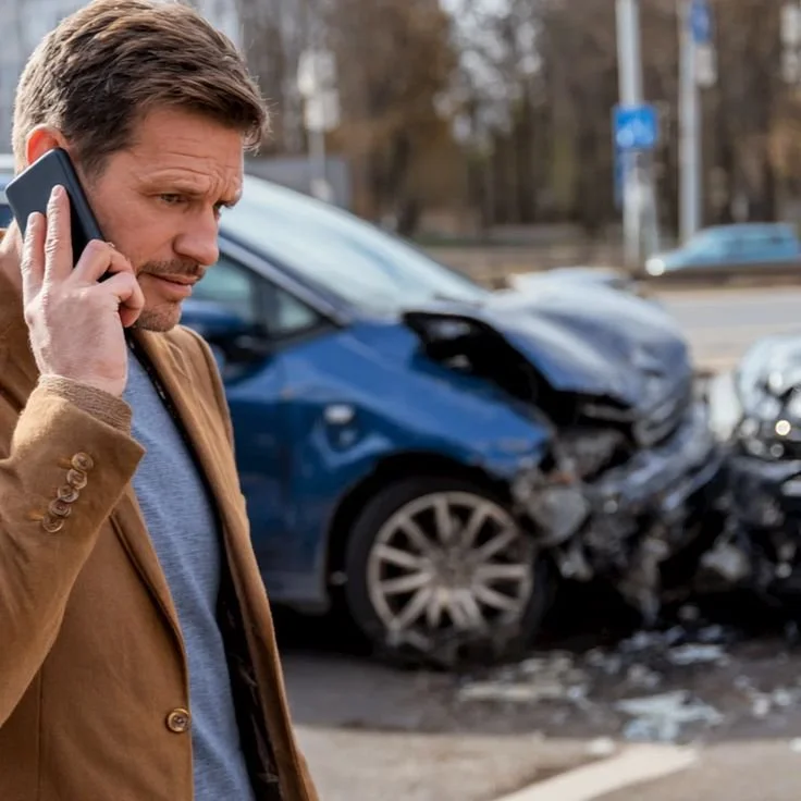 A man with brown hair and a beard is talking on his cell phone at the scene of a car accident, with a heavily damaged blue car in the background.