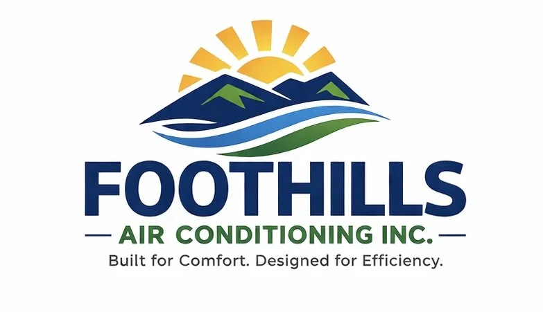 Logo for Foothills Air Conditioning Inc. with a stylized mountain, river, and sun design, and the tagline "Built for Comfort. Designed for Efficiency."