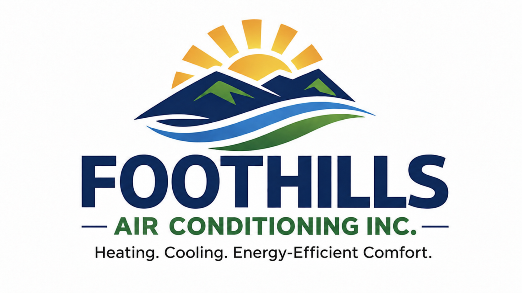 Logo for Foothills Air Conditioning Inc., featuring stylized mountains, a sun, and wavy lines representing air or water, with text indicating heating, cooling, and energy-efficient comfort services.