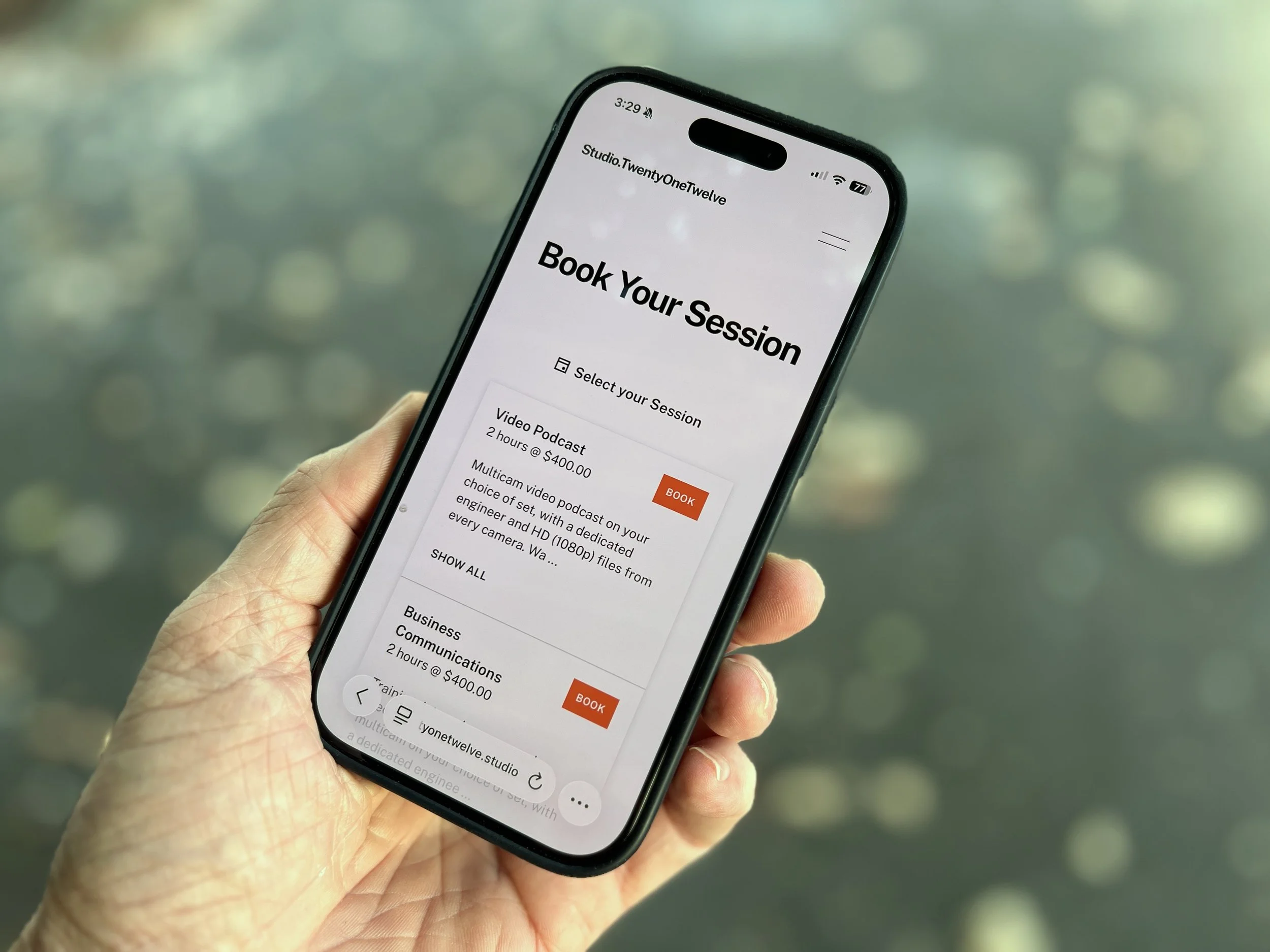 Booking a video podcast session on a phone at the Studio TwentyOneTwelve website