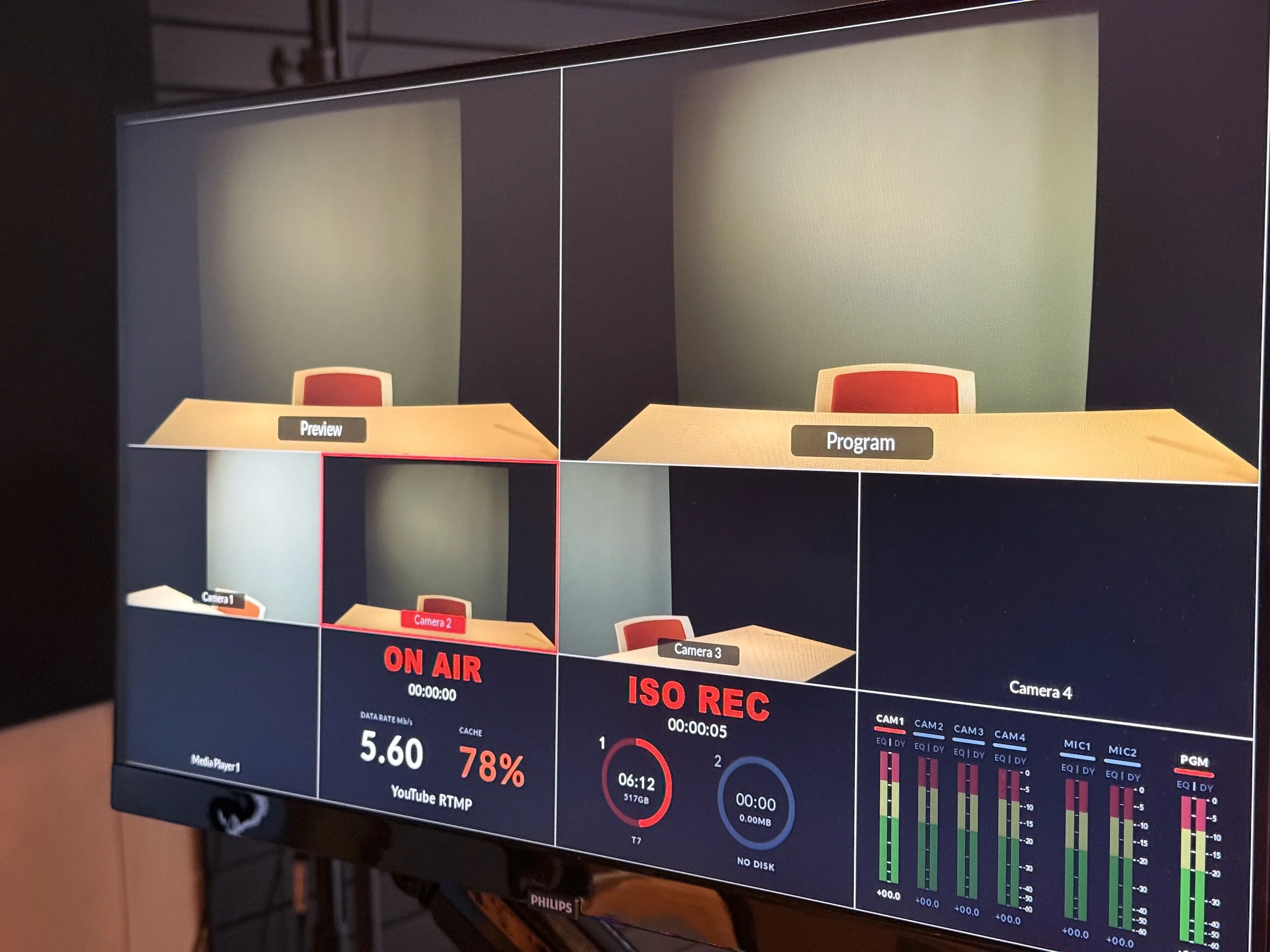 Live stream multiview monitor showing on-air and recording status at Studio TwentyOneTwelve