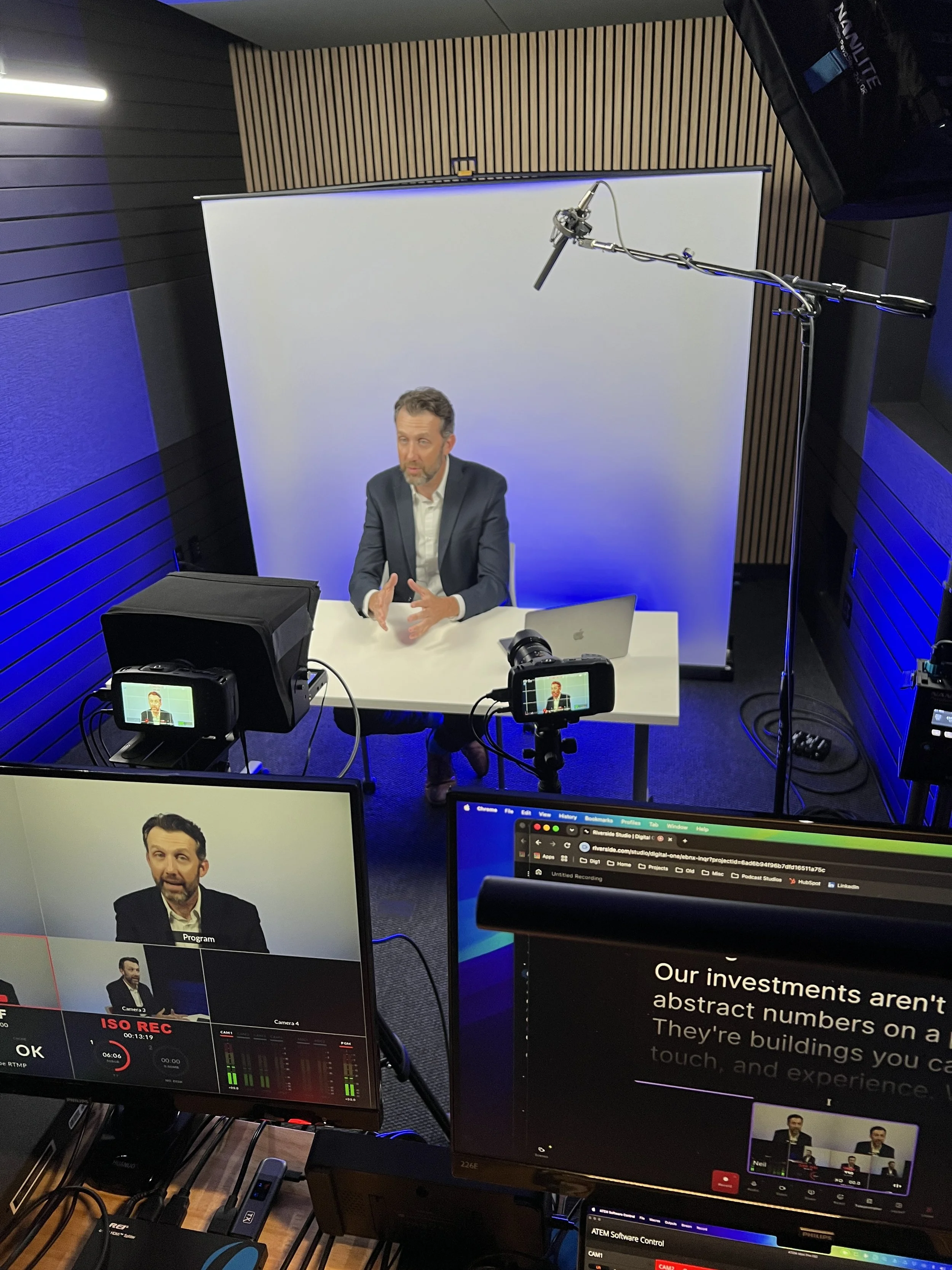 Presenter recording on The Hawthorne set with live camera monitors at Studio TwentyOneTwelve