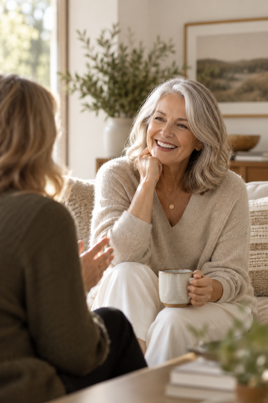 Two women sitting on a sofa, smiling and talking during a cozy indoor meeting. One woman has gray hair and is holding a mug.