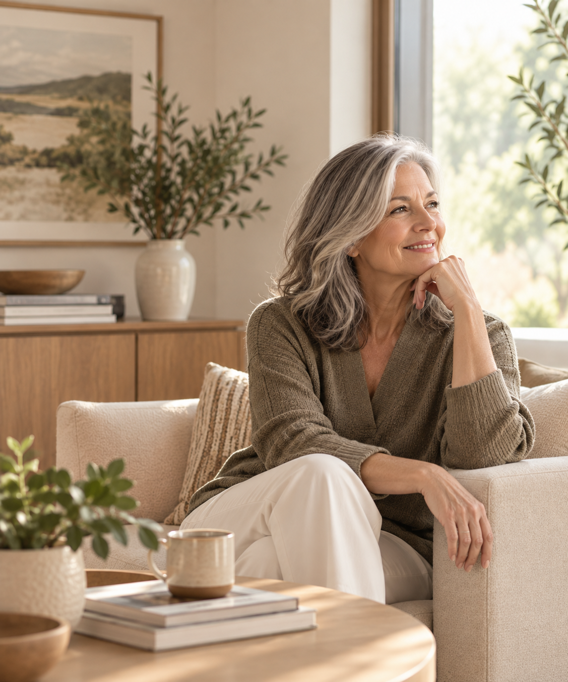 A mature woman with gray hair sitting on a couch and smiling while looking out a window, in a well-lit living room.