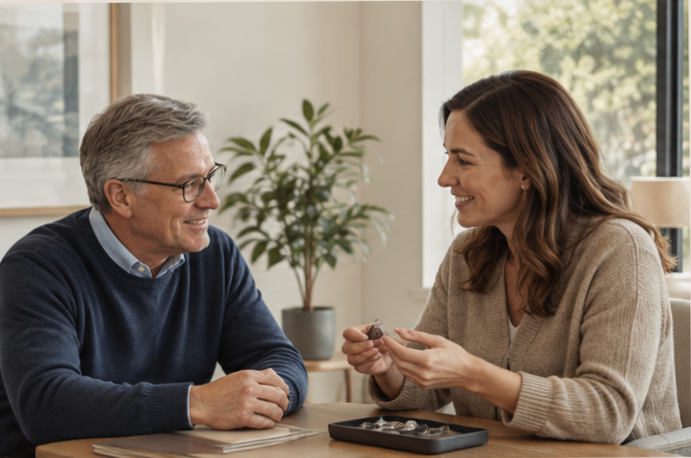 Older man discussing hearing care with a hearing care professional.