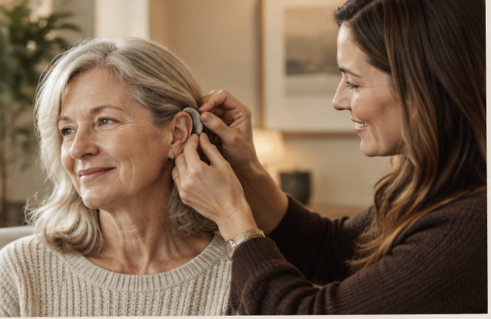 Hearing care professional helping a woman with her hearing aid.