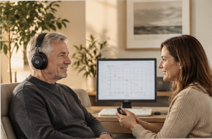 Older man receiving a hearing evaluation with a hearing care professional.
