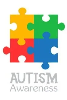 Four interlocking puzzle pieces in yellow, green, red, and blue arranged in a square, with the words "Autism Awareness" beneath.