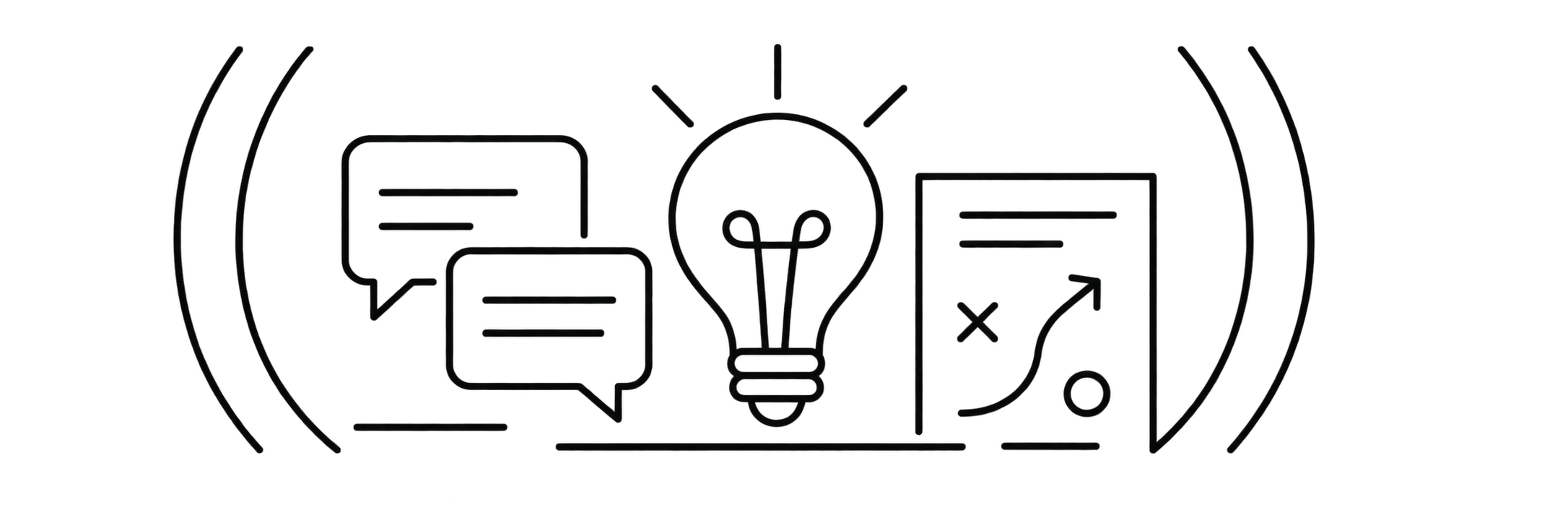 Line drawing of a light bulb in the center, with speech bubbles on the left and a strategy diagram on the right, all enclosed by curved lines.