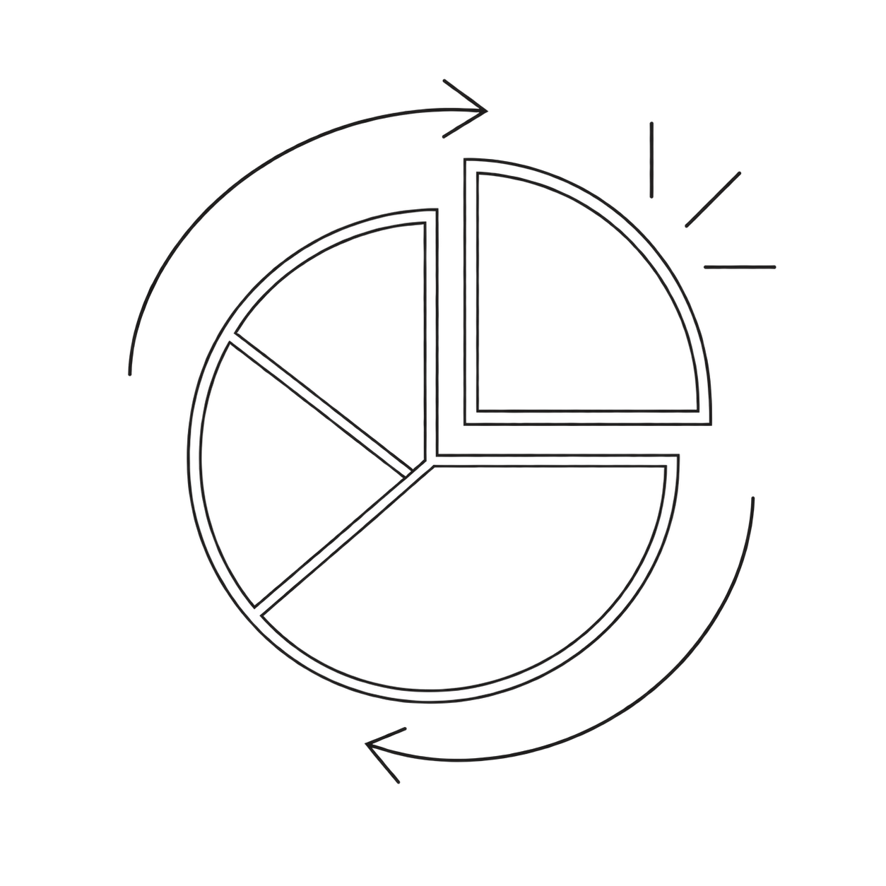 A black and white line drawing of a pie chart with five segments and circular arrows around it indicating rotation or refresh.