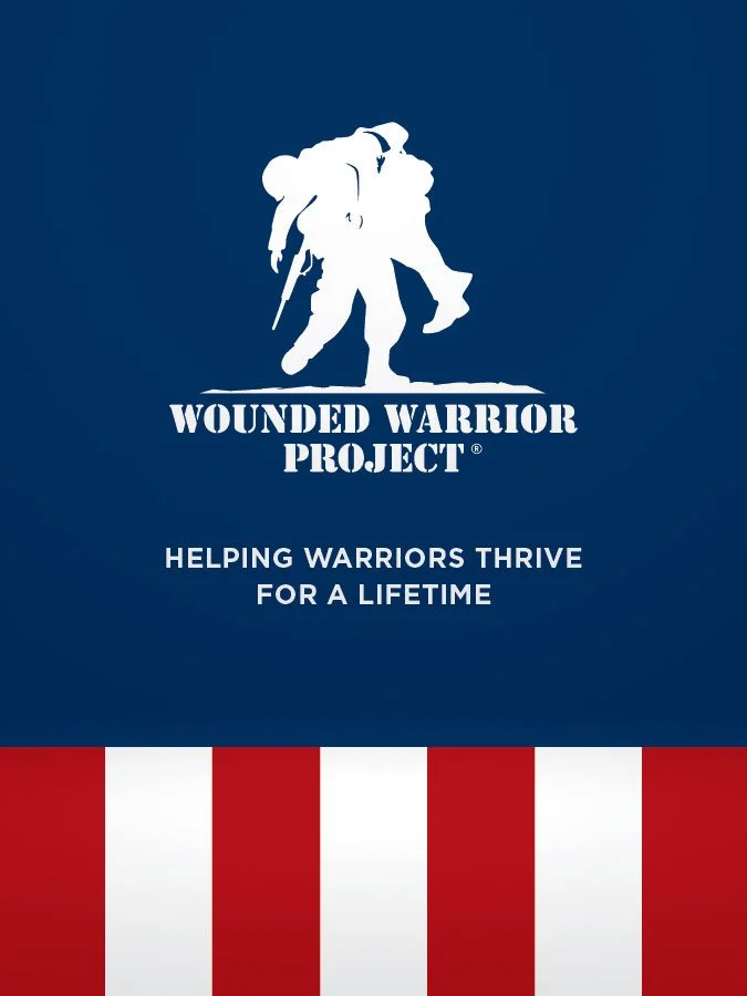 Logo of Wounded Warrior Project with a soldier silhouette and patriotic red, white, and blue colors, promoting help for warriors.