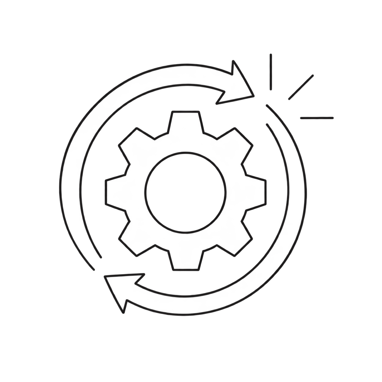Line drawing of a gear with two arrows forming a circular motion around it, indicating a process or cycle.