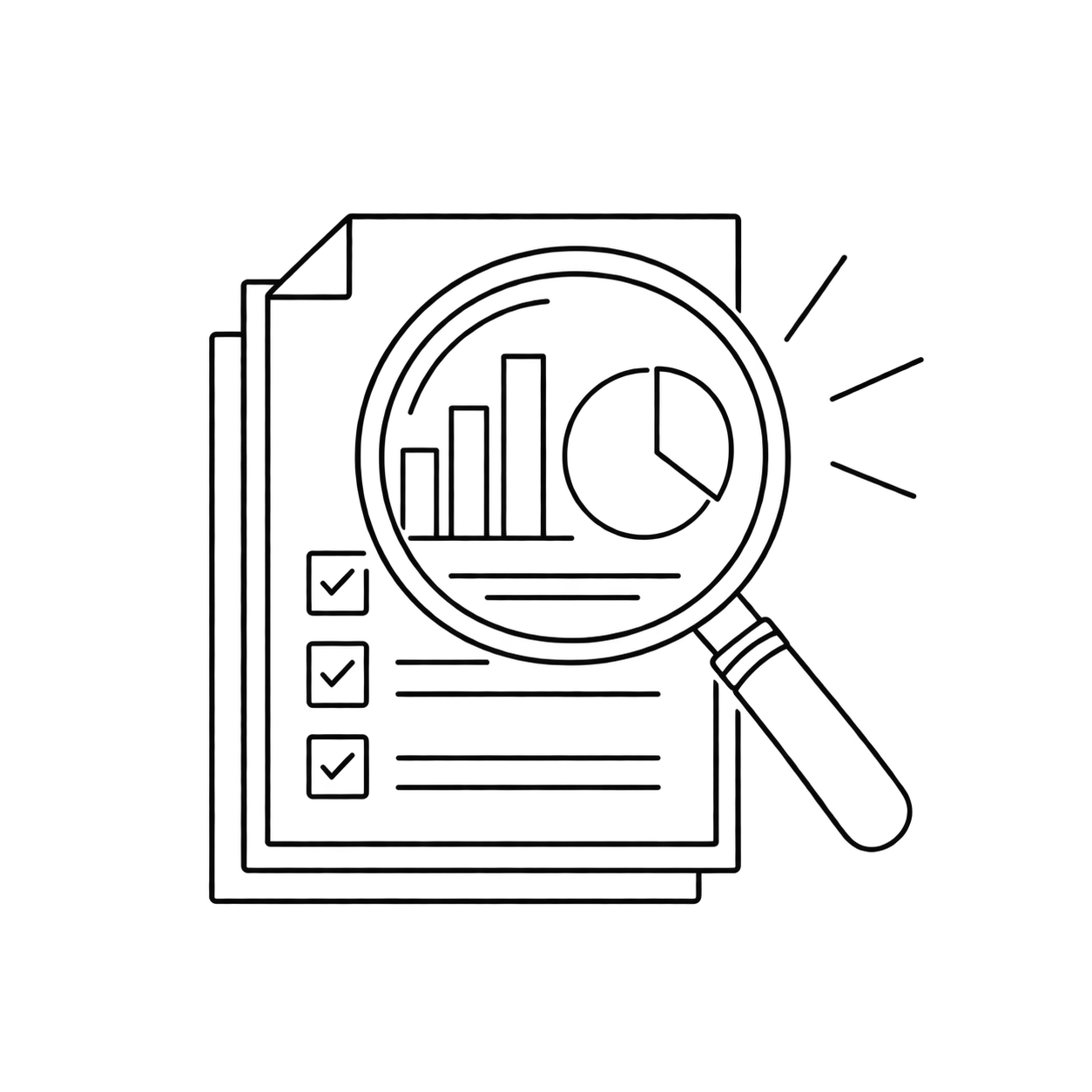 Outline of a report or document with checkboxes, a magnifying glass, and a chart with bars and a pie chart, symbolizing data analysis and reporting.
