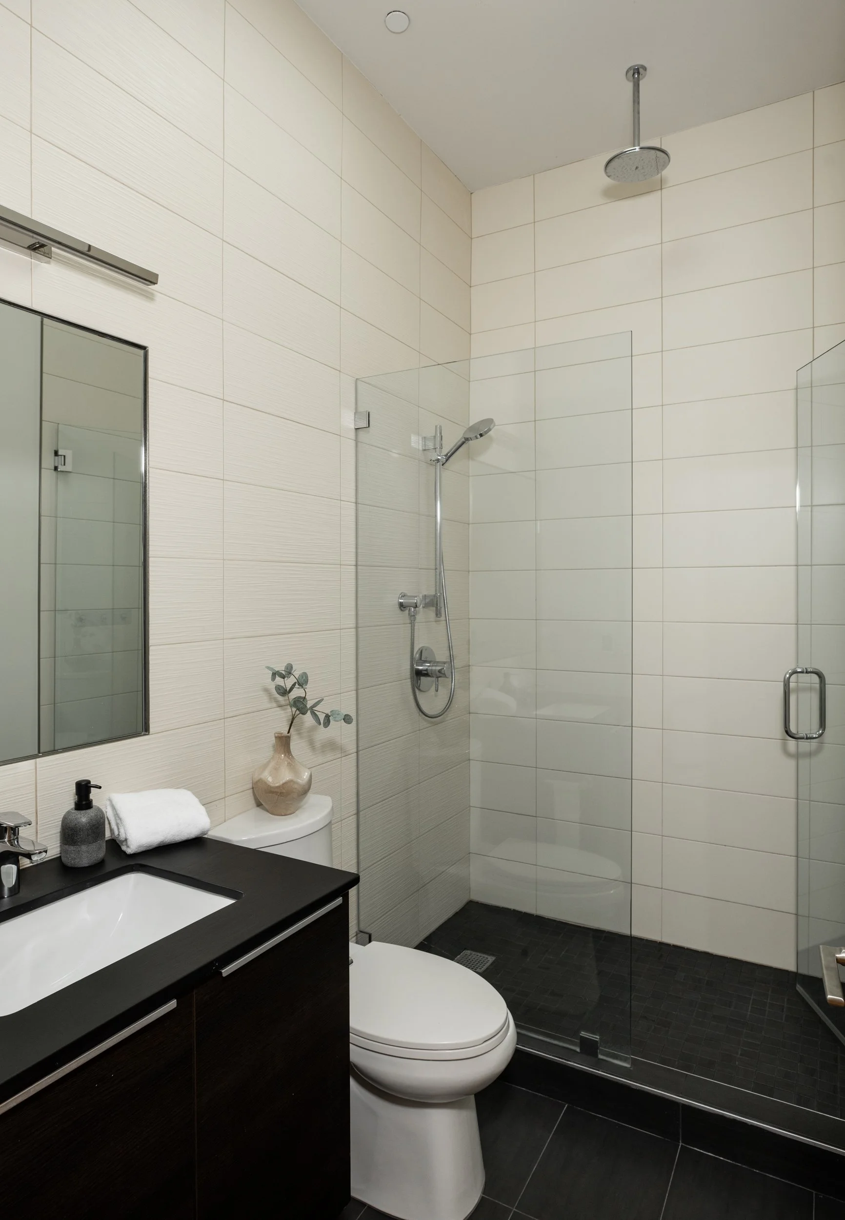 Modern bathroom with a shower area, glass partition, toilet, black vanity with a sink, mirror, and decorative items including a small plant and towels.