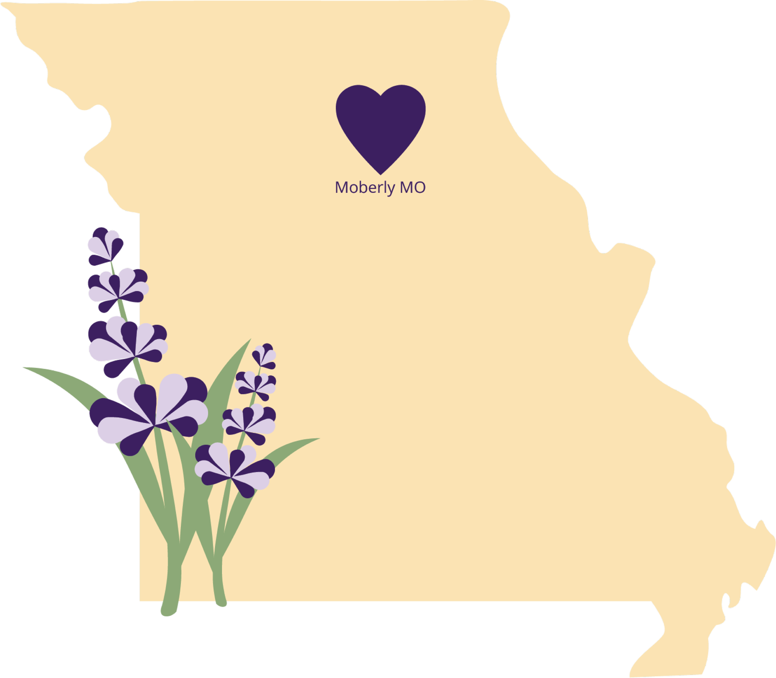 Graphic outline of the state of Missouri and purple flowers