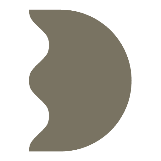 A stylized crescent moon symbol.