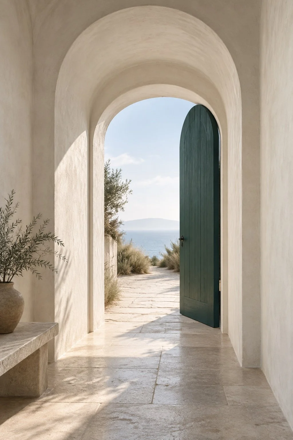 View through an arched doorway outside to a pathway leading to the ocean, with plants and blue sky visible.