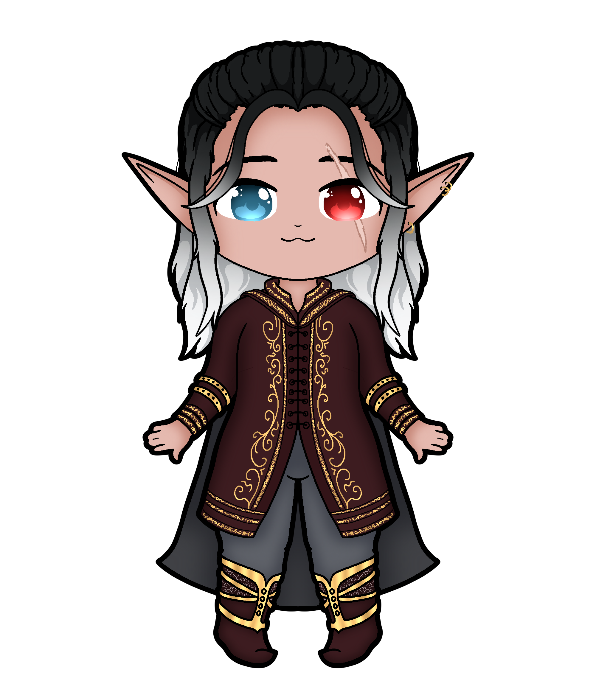 A cartoon elf warrior with long silver hair, blue and red eyes, wearing ornate dark maroon and gold armor with intricate patterns, and standing against a black background.