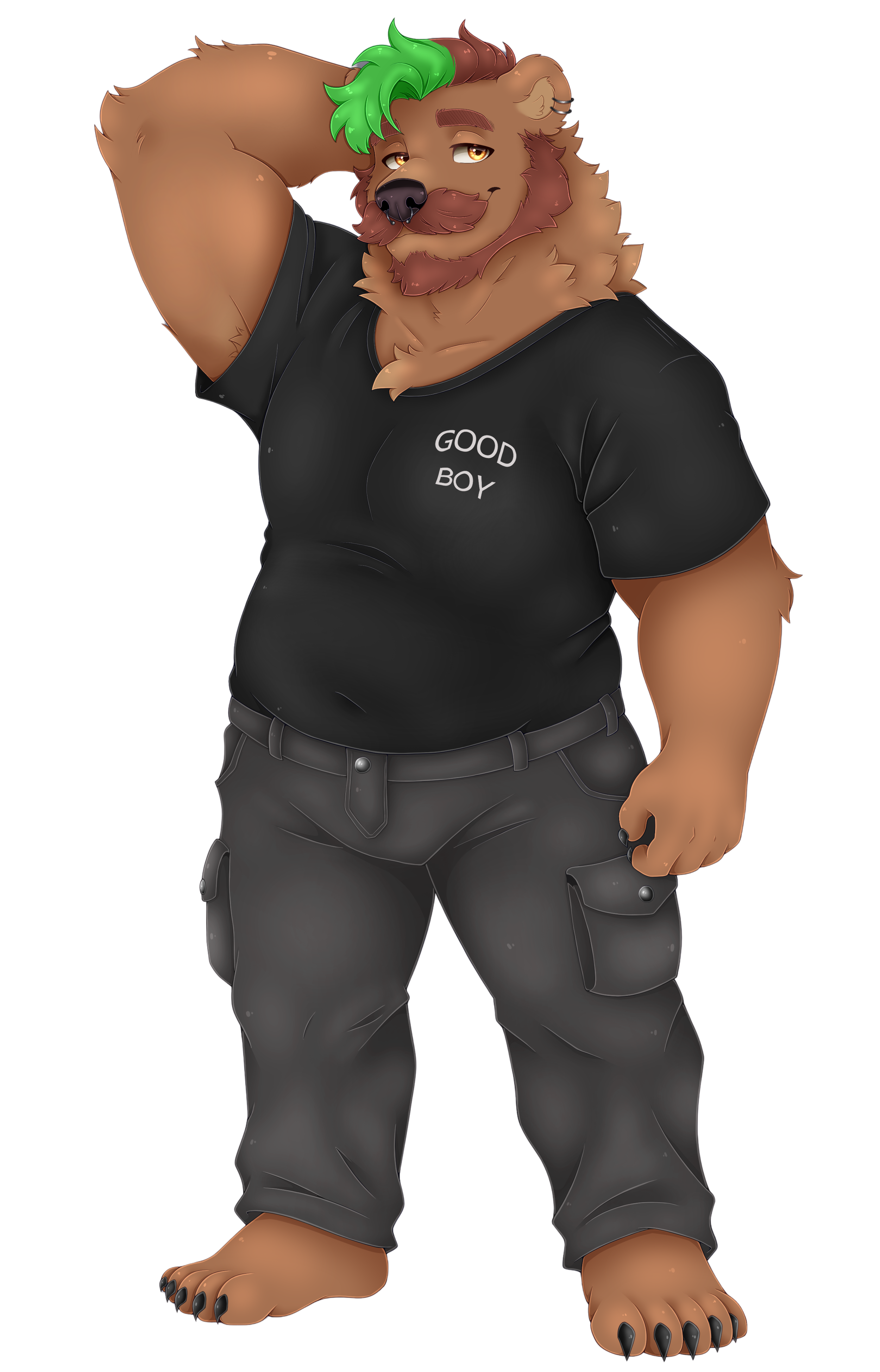 Anthropomorphic bear with green hair, wearing black t-shirt with 'Good Boy' written on chest, black cargo pants, and has relaxed expression with one hand behind head.
