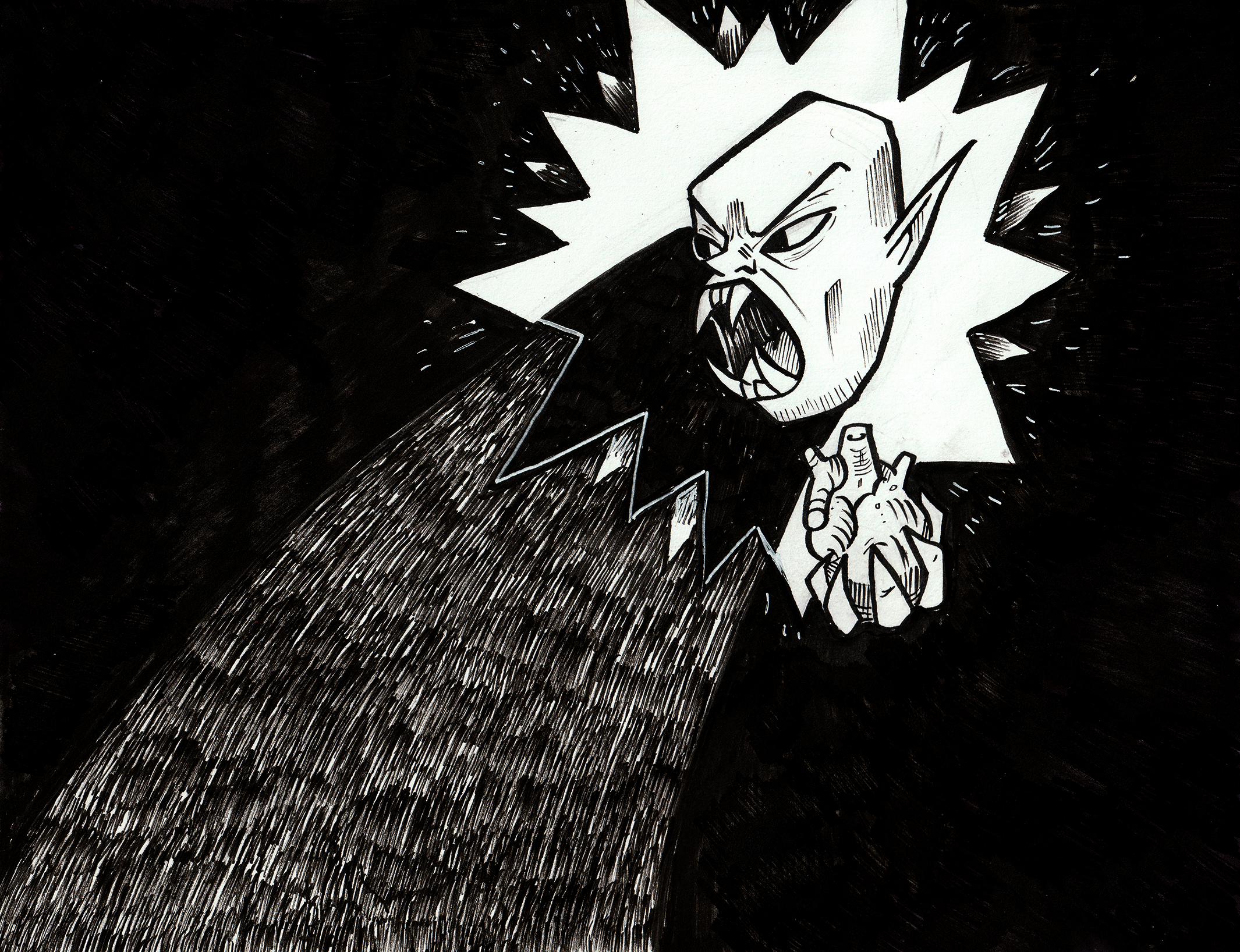 Black and white comic-style drawing of a fierce, snarling creature with pointed ears, sharp teeth, and wild features. The creature appears to be wearing a dark jacket and is depicted with intense, expressive lines, surrounded by a dynamic, sketchy background.