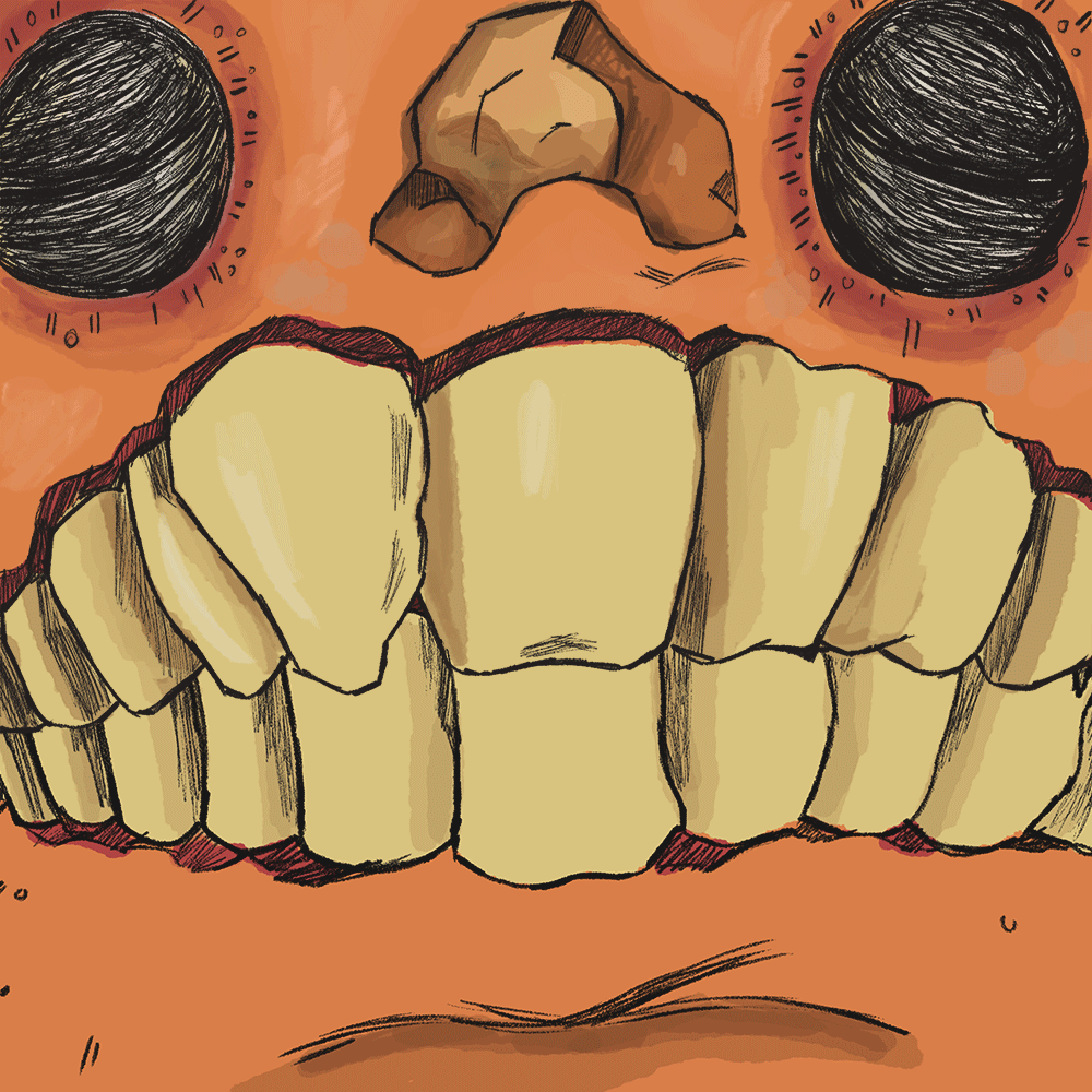 An illustration of a face with exaggerated features, including large gold teeth, two black circular eyes with small lines around them, a prominent nose, and a wide mouth.