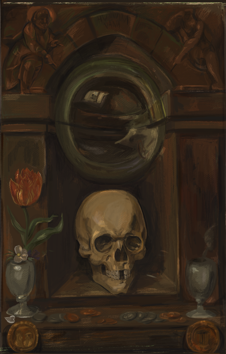 A painting featuring a human skull in the center, two vases with flowers on each side, a mirror reflecting a room, and a dark wooden background. There are coins scattered at the bottom and what appears to be a clock or barometer above the skull.