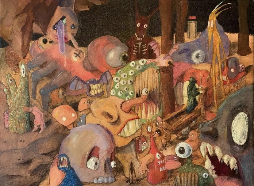 A surreal painting filled with various fantastical creatures and objects, including a skull, a large eye, a fish, a plant with multiple eyes, a person standing on a bridge, and other bizarre figures, all set within a dark, abstract background.