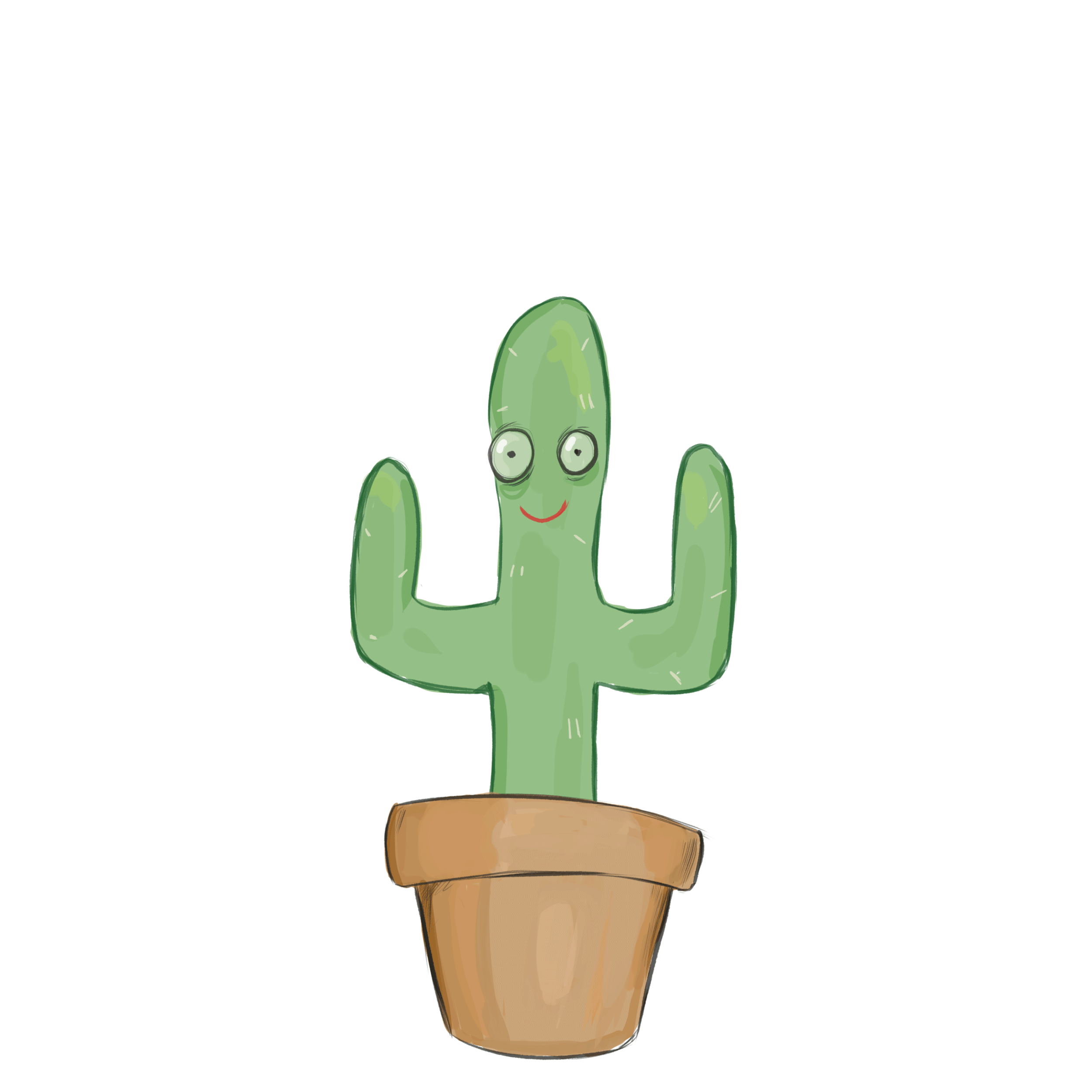 A cute, cartoon-style green cactus with a smiling face, standing in a brown flowerpot.