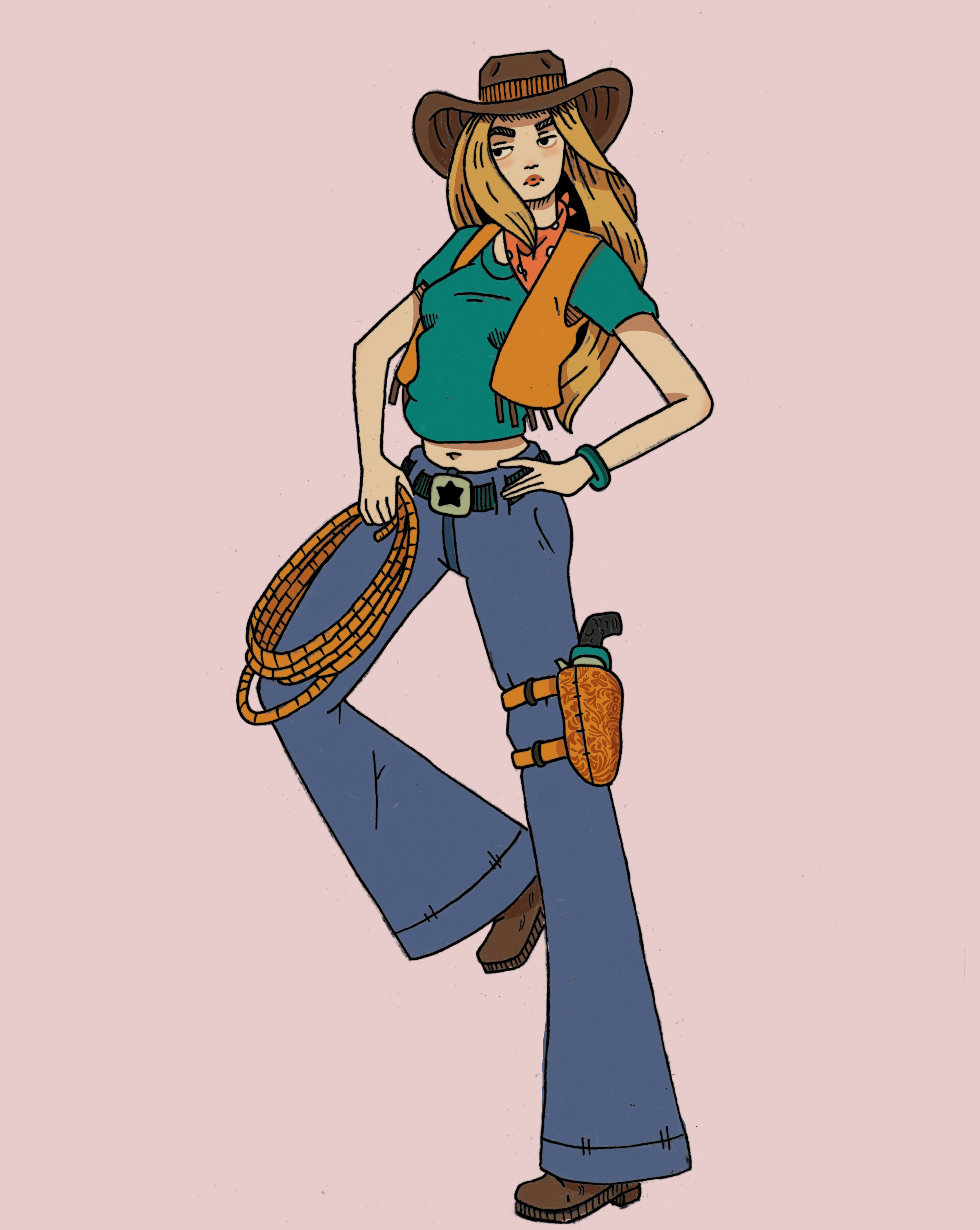 Drawing of a woman in cowboy attire with a large hat, green shirt, orange vest, blue jeans, and wearing cowboy boots, standing on a pink background.