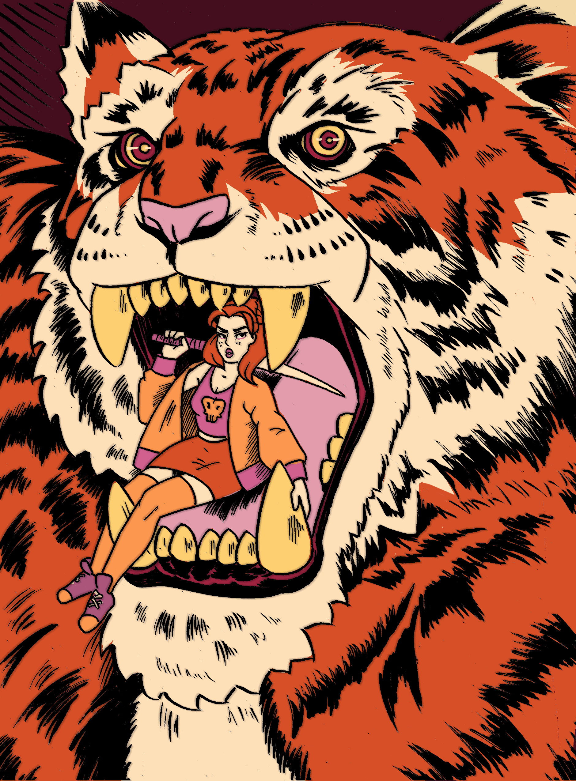 A comic-style illustration of a large tiger with a fierce expression and sharp teeth, with a young woman with ginger hair, wearing an orange and pink outfit, sitting inside the tiger's open mouth, holding a dagger.