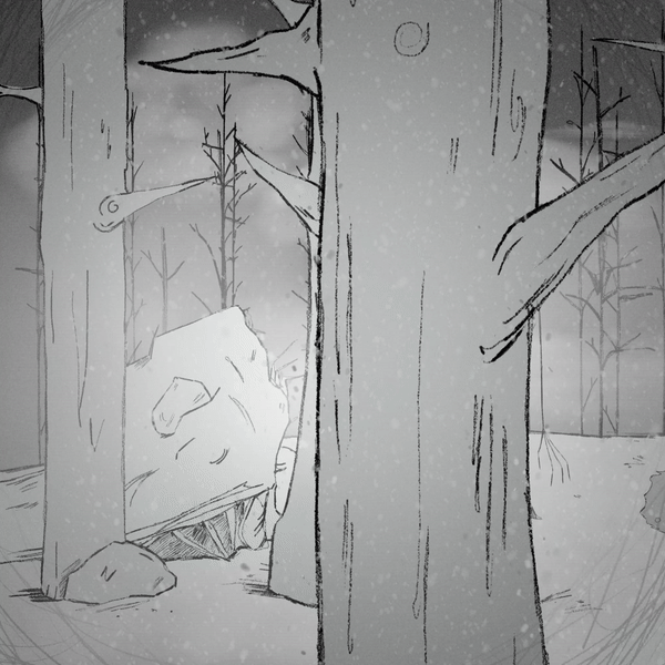 Black and white drawing of a forest scene with tall trees, some fallen logs, and snow on the ground, with snow falling from the sky.