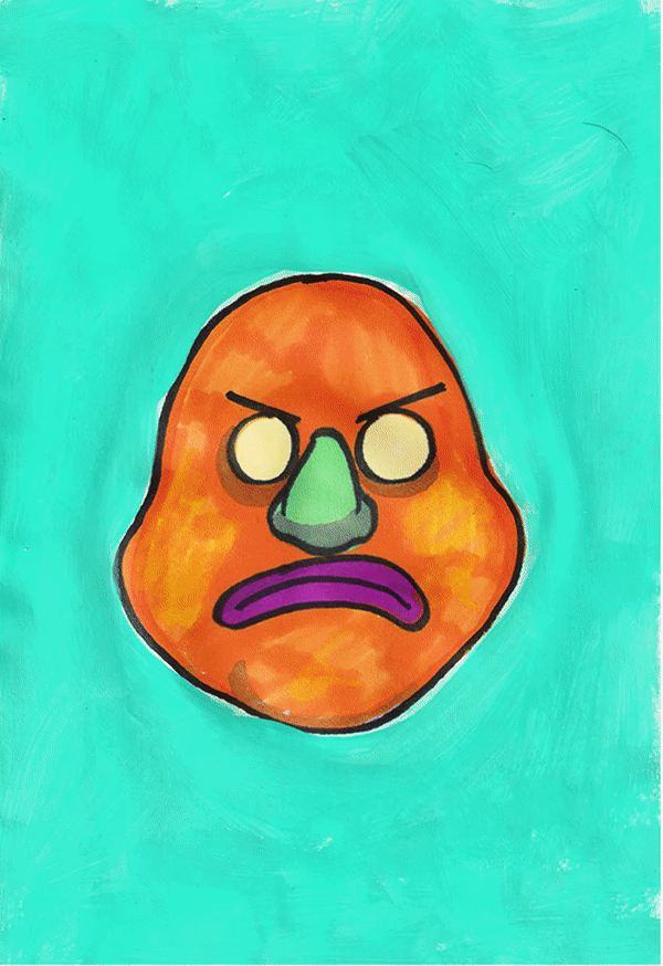 A colorful, abstract caricature of a face with an angry or upset expression, featuring a green nose, white eyes, purple mouth, and orange face on a teal background.