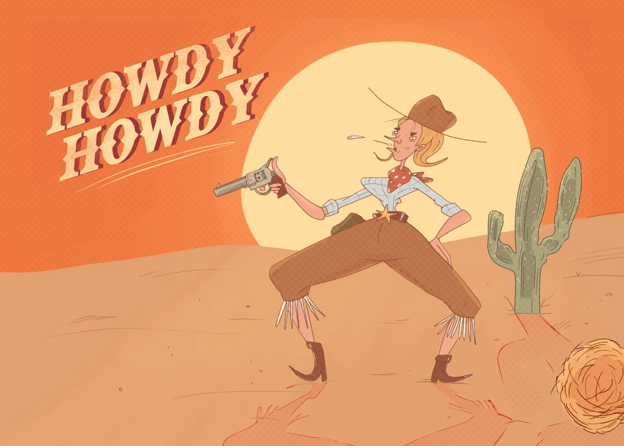 Illustration of a cowgirl cowboy in a desert landscape with a large cactus and a yellow sun in the background, holding a revolver and wearing a brown cowboy hat, polka dot bandana, and fringed chaps.