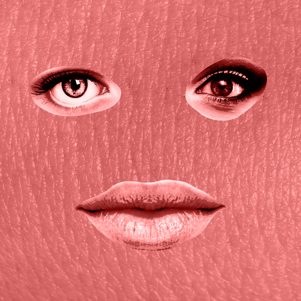 Close-up of skin with eyes and lips, with eyes and lips edited onto the skin, creating a surreal collage.