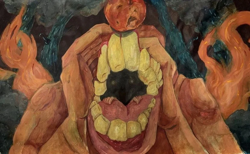 A mural depicting a giant creature with a wide-open mouth showing large teeth, and a spherical object resembling a planet or moon on top of its head, surrounded by flames and dark clouds.