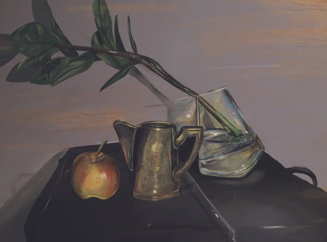 A still life painting featuring a glass beaker with green leaves, a metallic pitcher, and an apple on a dark surface with a muted background.