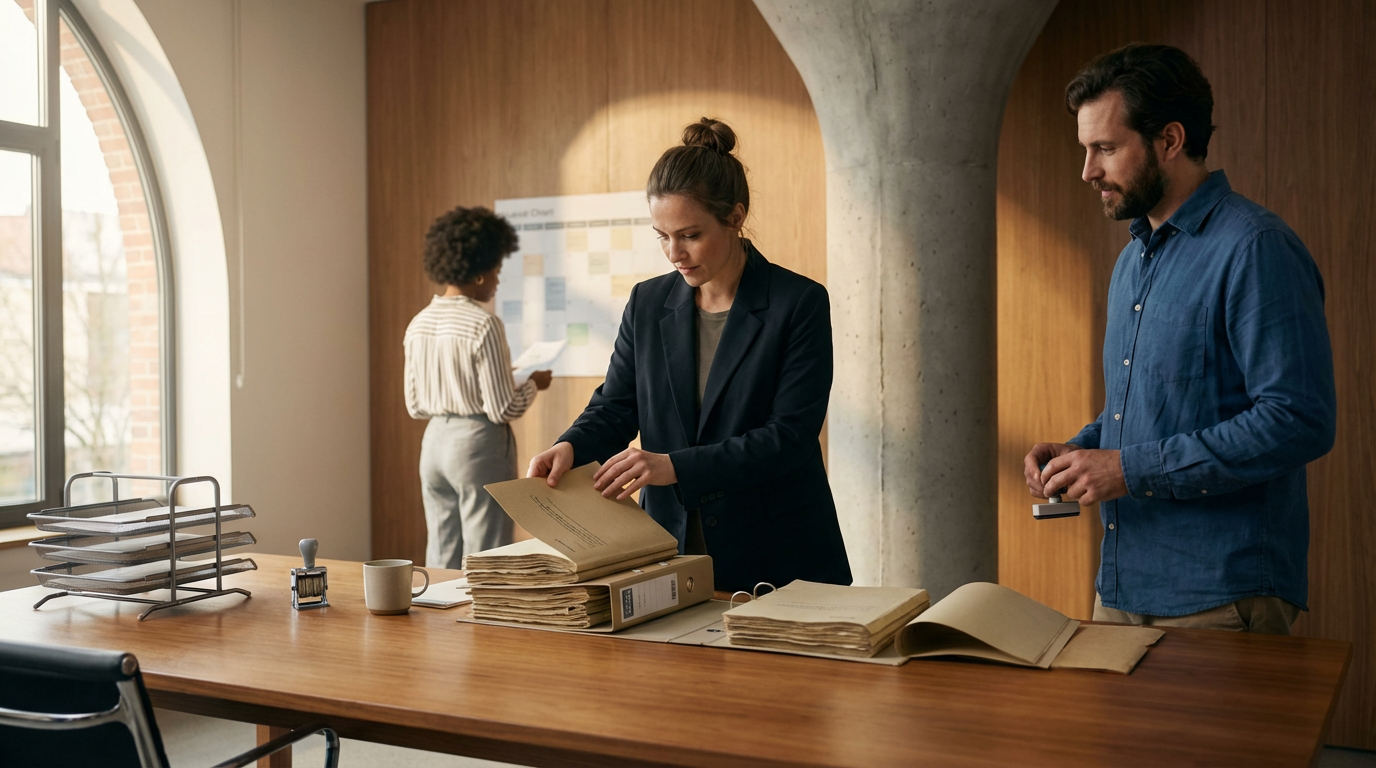 Three professionals working with files and documents in an office, with one woman looking through a folder, a man holding a stamp, and another woman in the background reading paper.