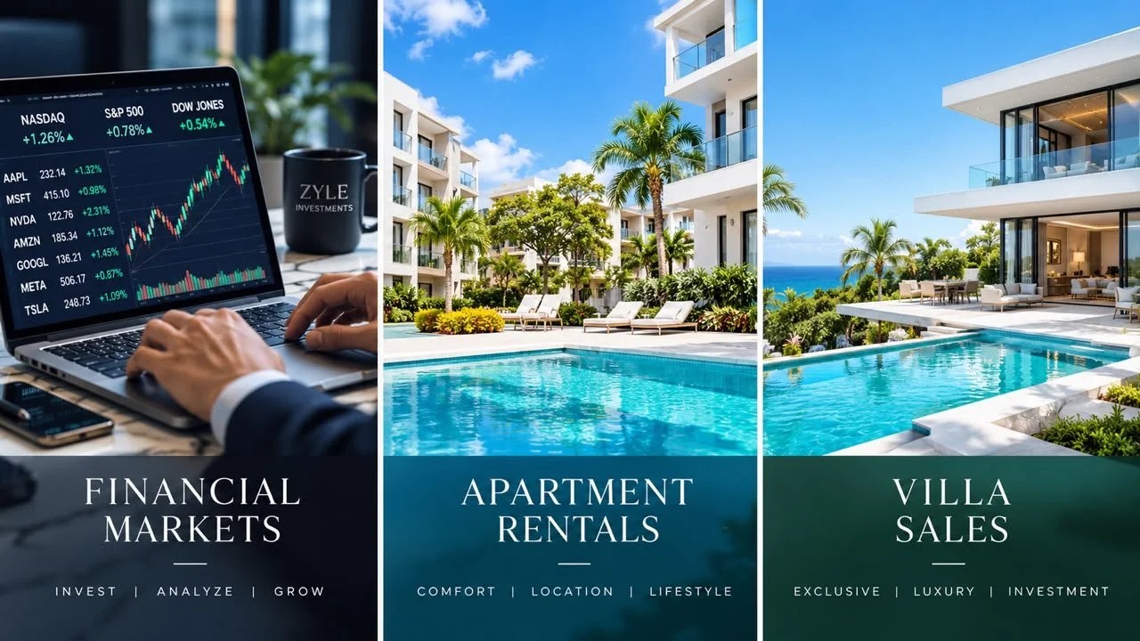 A collage of three scenes: a person analyzing stock market graphs on a laptop, a luxurious apartment with a swimming pool and tropical landscaping, and a modern villa with an infinity pool overlooking the ocean.