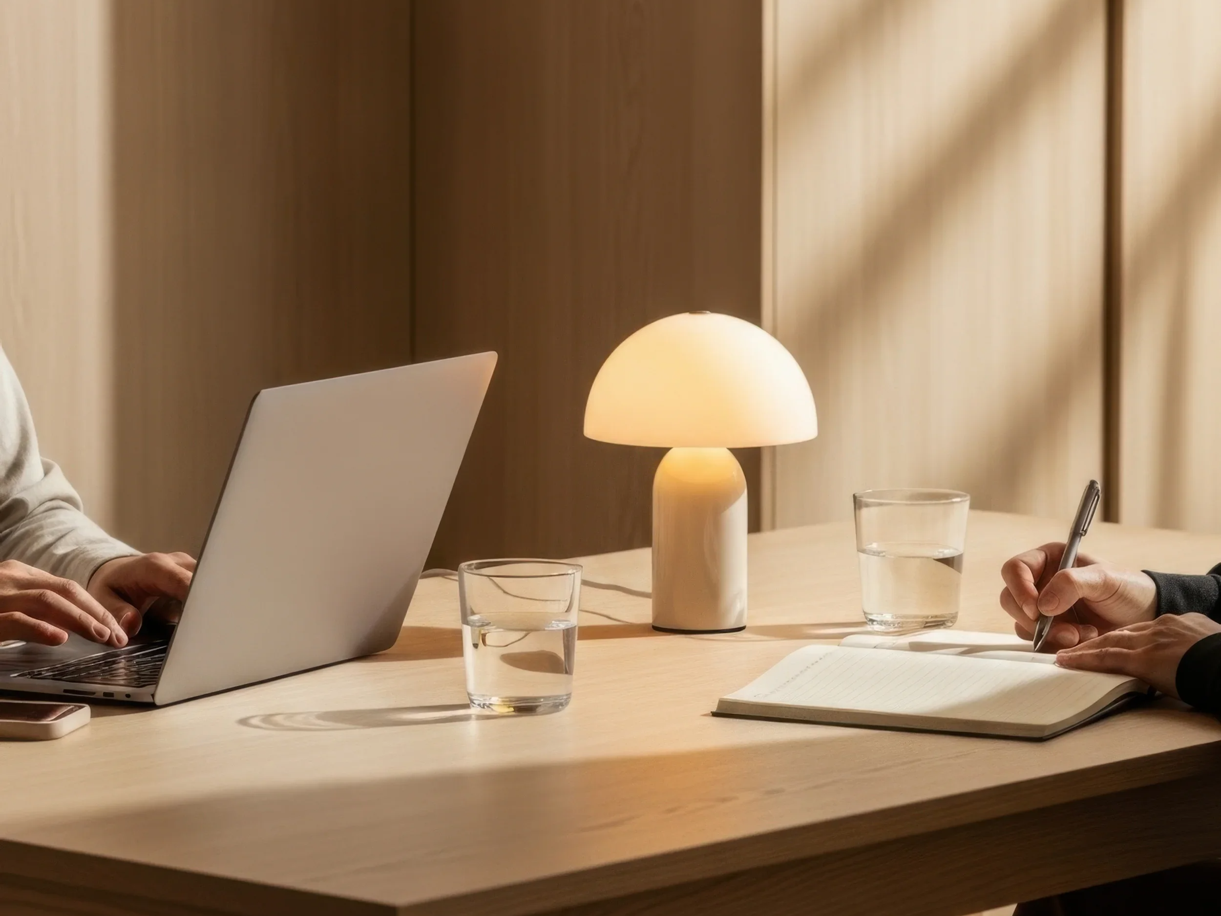 A close-up of a wooden dining table with two glasses of water, an open notebook, two people working with laptops, one person holding a pen, and a lamp providing warm lighting. The background features wooden wall panels.