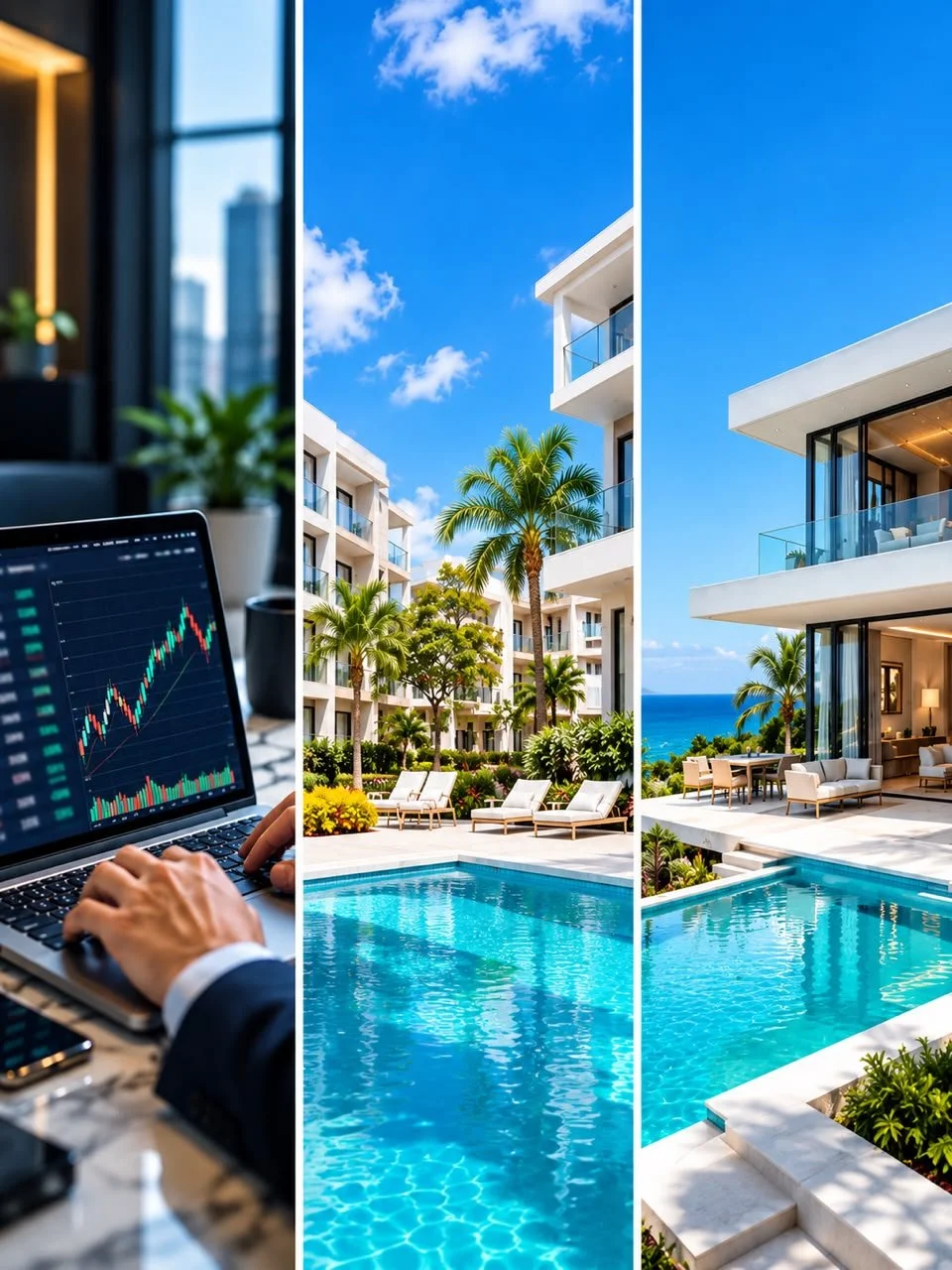 Collage of three sections: A person working on a laptop with stock market charts on the screen, a view of a tropical resort pool area with lounge chairs and palm trees, and a modern hotel with an outdoor pool and ocean view.