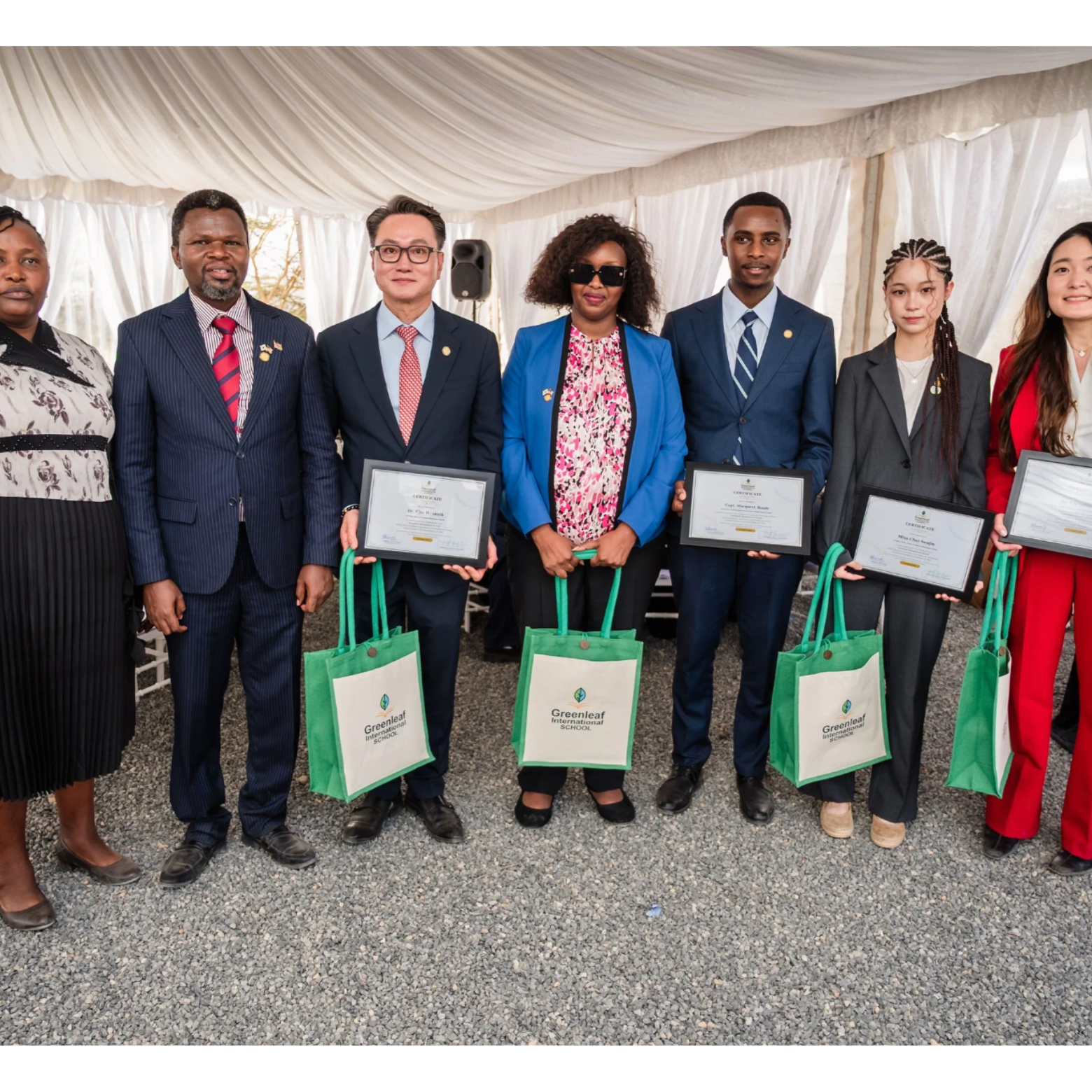 Picture with the founder of Greenleaf International School, Mr Kimani Kang'ethe, and Director of Greenleaf International School, Mrs Muthoni Kimani, the inaugural visit by the chairman of GYLN & US-Korea Alliance Association. 