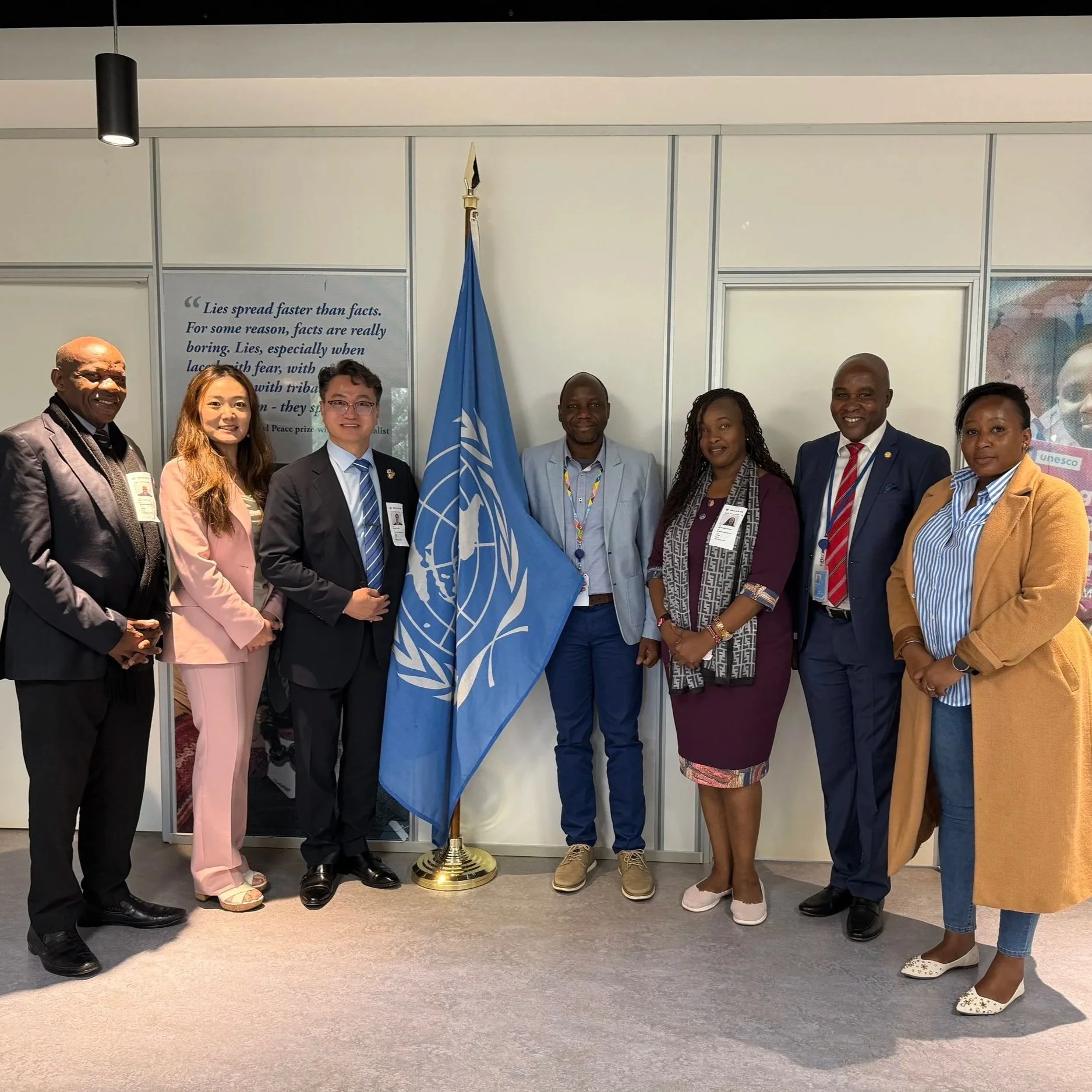 Picture in inside the UNESCO office
Honorary Eric Simiyu Wafukho (Former Deputy of Ministry), Dr. Cristina Lee (USA Global Youth Leader Representative), Robert Hyunsik Cho (Chairman of USKAA & GYLN), Captain Dr. Ikuah (USKAA & GYLN Kenya Chapter Pres